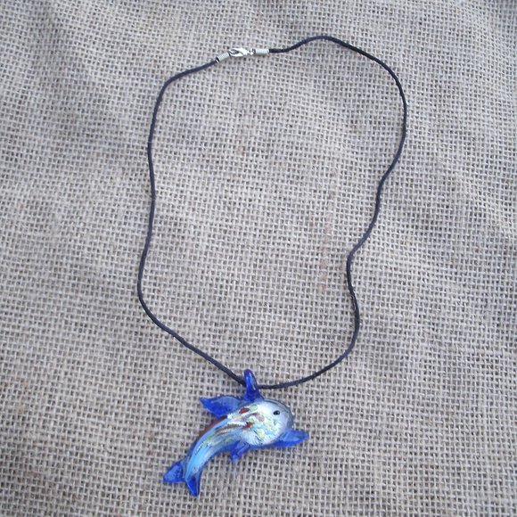 Murano Glass Blue Dolphin Pendant Necklace - Picture 2 of 15